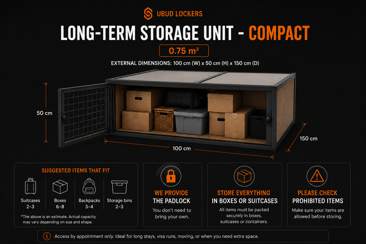 A compact size long-term storage unit by Ubud Lockers shown on a black background with dimensions labeled 100 cm by 150 cm by 50 cm. The unit is dark gray/black with a transparent front panel revealing stacked cardboard and plastic storage boxes inside.