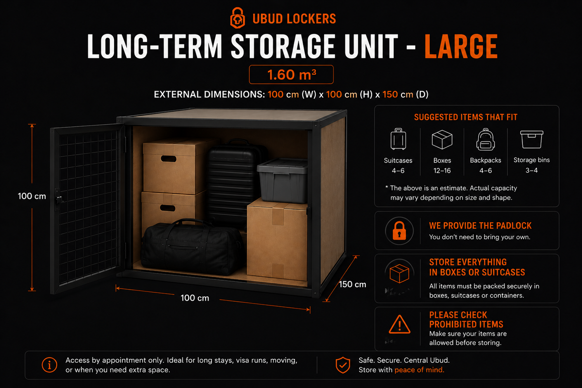 A product infographic for the UBUD LOCKERS Large Long-Term Storage Unit, showing a black metal storage box with its door open, filled with suitcases, boxes, and bags. The graphic includes labeled dimensions (100 cm width, 150 cm height, 100 cm depth) and a list of suggested items that fit, all on a black background with orange and white text.