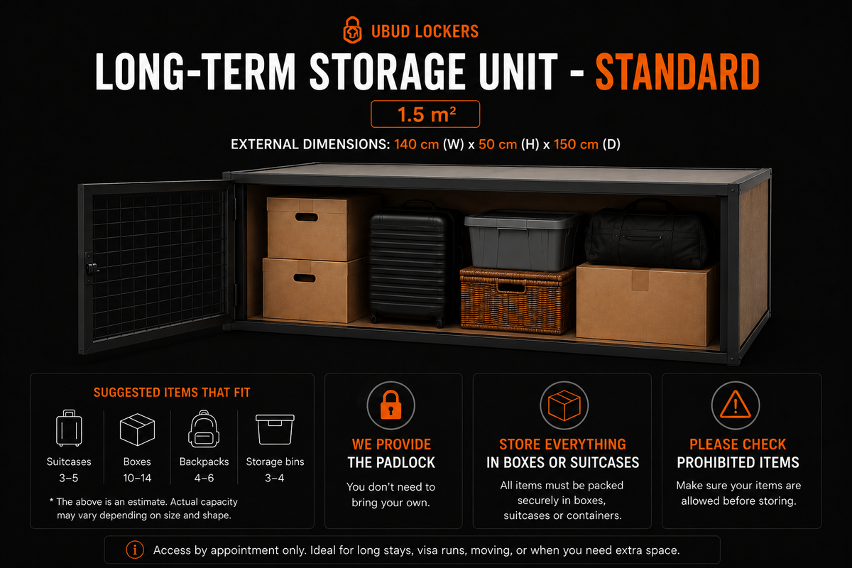 UBUD LOCKERS Long-Term Storage Unit - Standard in black, shown open with storage bins and boxes inside. The graphic includes external dimensions (140 cm x 50 cm x 150 cm), suggested items that fit, and feature icons on a black background.