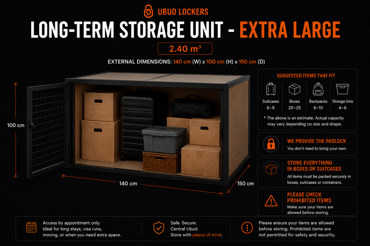 A promotional product graphic for an extra large long-term storage unit by Ubo Lockers, showing the open black metal cabinet with brown wooden interior shelving and storage bins. The image includes dimension labels (140 cm, 100 cm, 150 cm), capacity text, suggested items that fit, lock icon, and storage instructions on a black background.